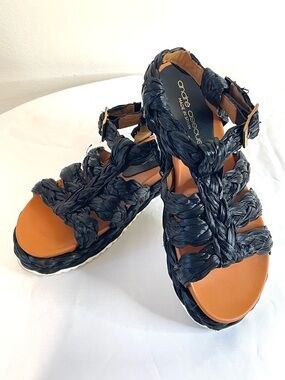 André Assous Black Braided Raffia Platform Sandals, Made in Spain - EU 37